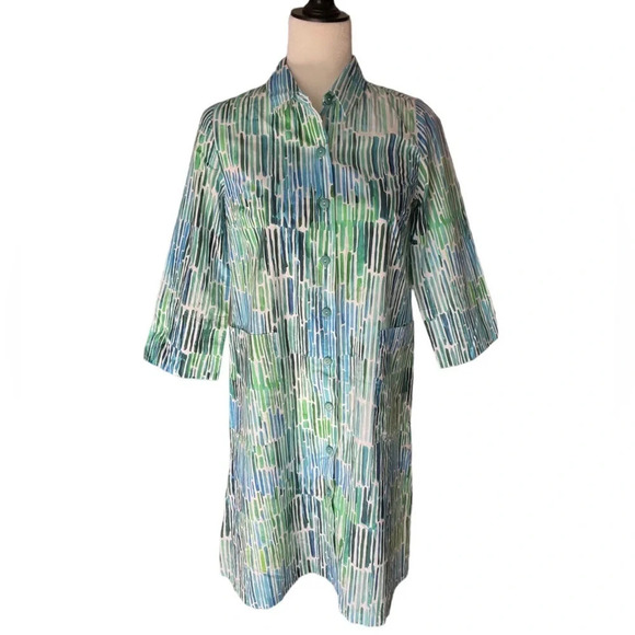 KARVINEN FINLAND button down shirt tunic mini dress green blue white abstract - Picture 3 of 11
